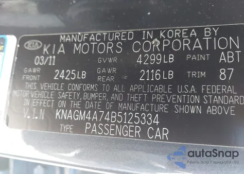 2011 Kia Optima Lx z USA, uszkodzony, nr VIN KNAGM4A74B5125334